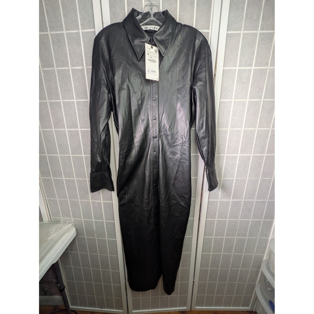 Zara Womens Shirt Dress Medium NWT Black Faux Leather Snap Button Long Sleeve